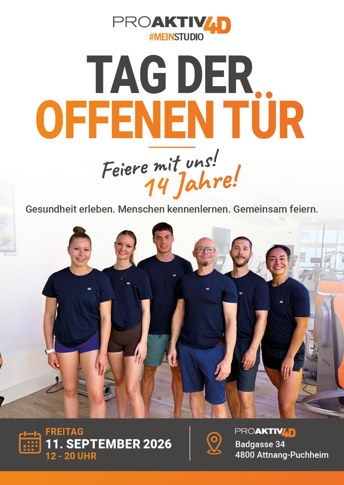 Flyer Vorderseite: Tag der offenen Tür bei PROAKTIV4D am 11. September 2026 von 12 bis 20 Uhr mit dem Team